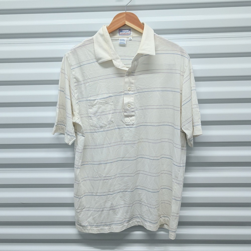 Mark Scot Collection XL Mens Polo Shirt Cream Striped Short Sleeve Pocket Logo — photo 3
